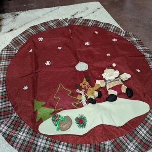 Festive Red Christmas Tree Skirt with Santa and Reindeer